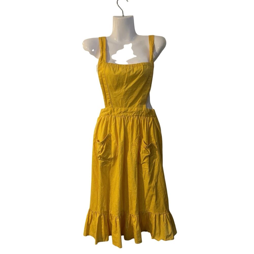 Yellow Cottagecore Apron Sundress Pockets Ruffle Hem Pinafores Utility Prairie